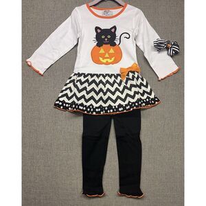 BNWT Ann Loren Halloween Black Cat In Pumpkin Dress Pants Set Girls Size 2/3T